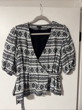 Ann Taylor Black and White Floral Stripe Wrap Top